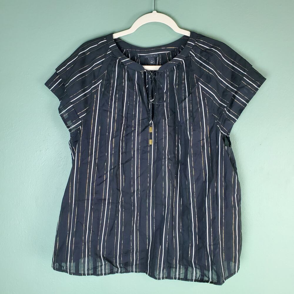 Ann Taylor Black Metallic Stripe Flutter Sleeve Tie Neck Blouse Size XL